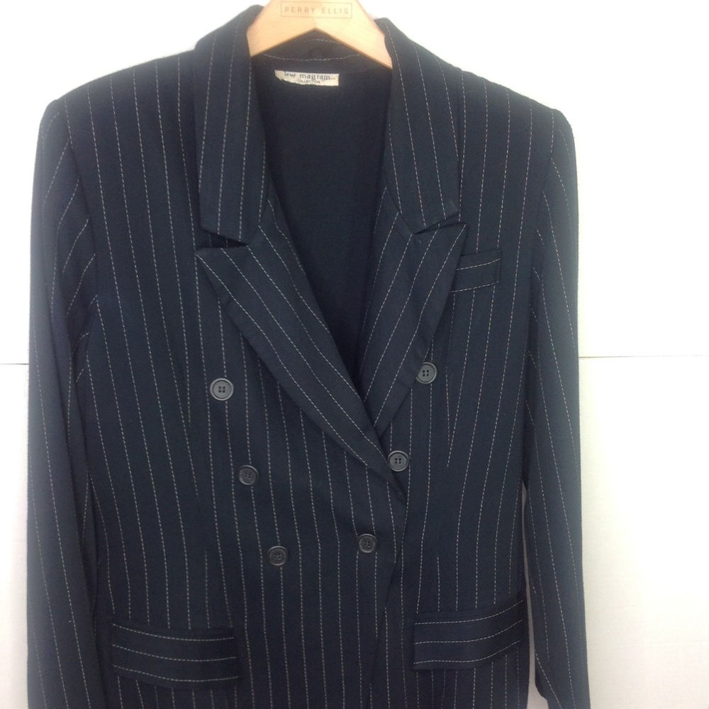 Lew Magram Blue Pinstripe Suit Double Breast Skirt